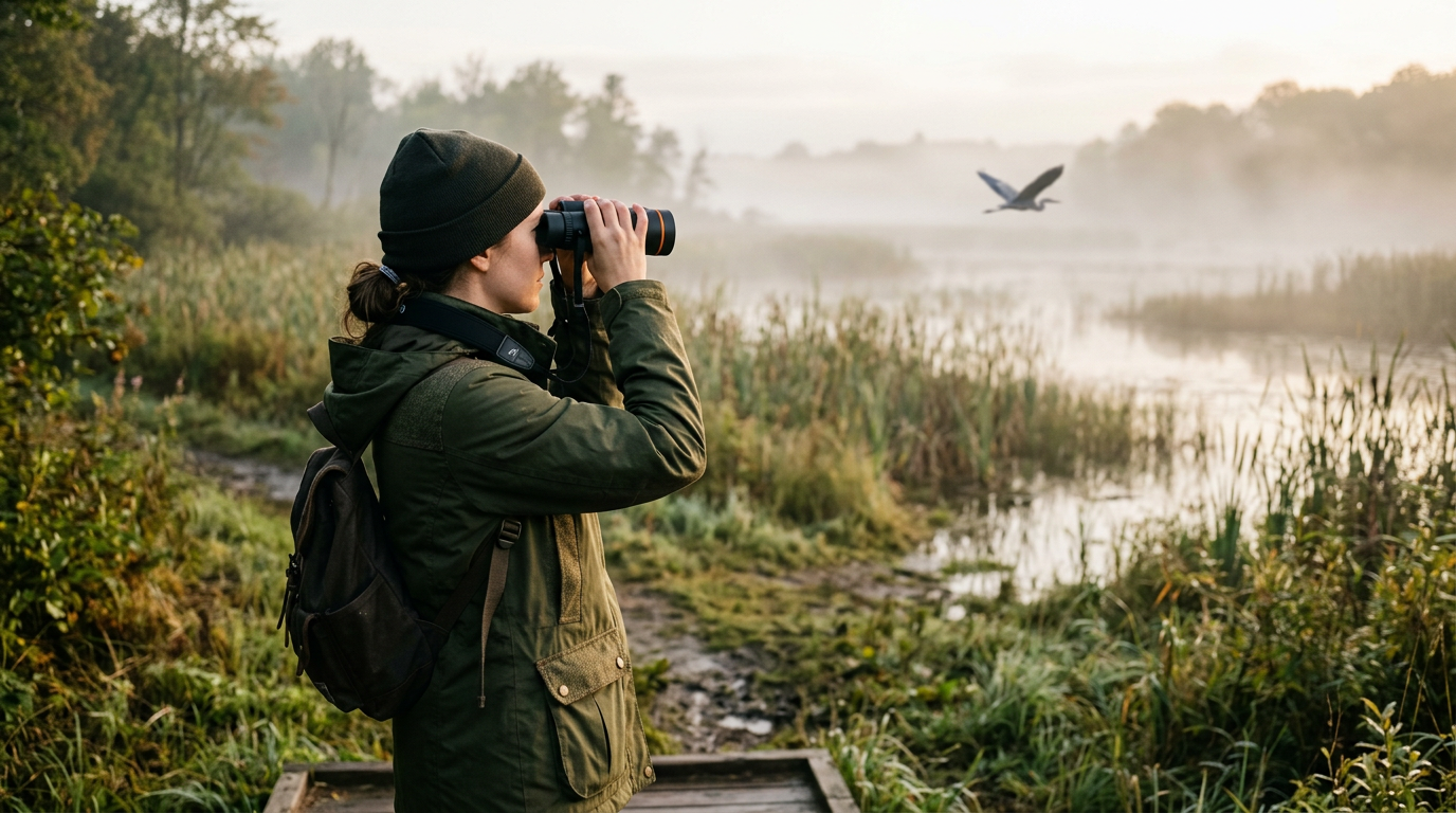 Birder in a meadow at sunrise looking through black CronyOptics binoculars