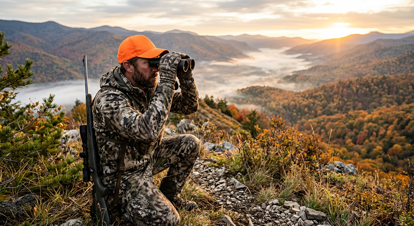 Hunter in camouflage glassing a forest edge at dawn with CronyOptics binoculars