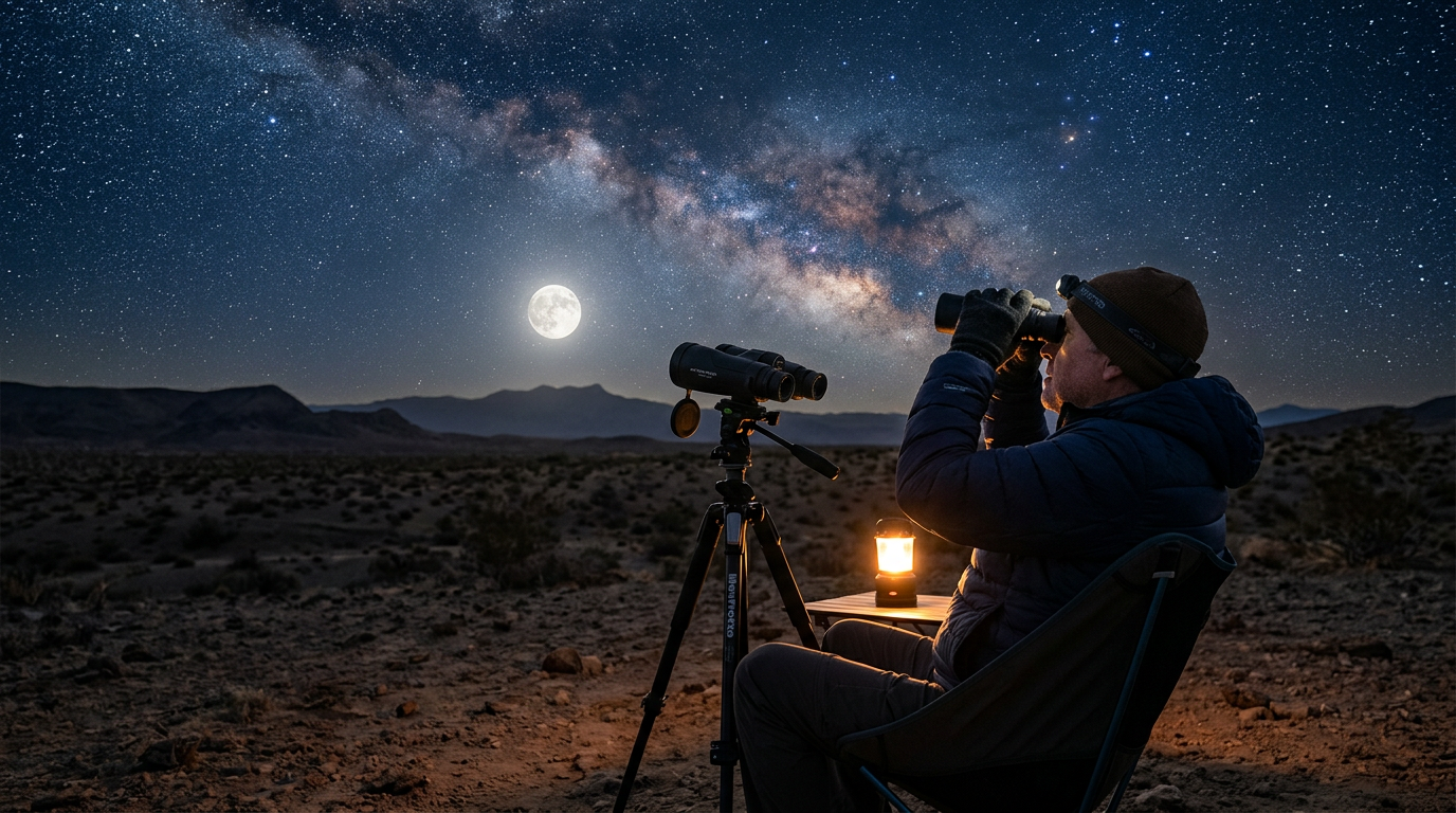 Person under a starry sky looking up through CronyOptics binoculars