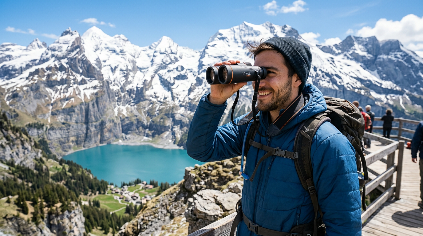 Traveler at a scenic mountain overlook using CronyOptics binoculars